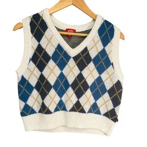 Dickies Juniors Argyle Sweater Vest Blue White Yellow Preppy Knit Pullover Large